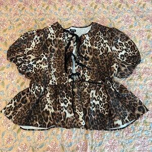 Boohoo Cheetah Leopard Print Bow Detail Puff Sleeve Women’s Top